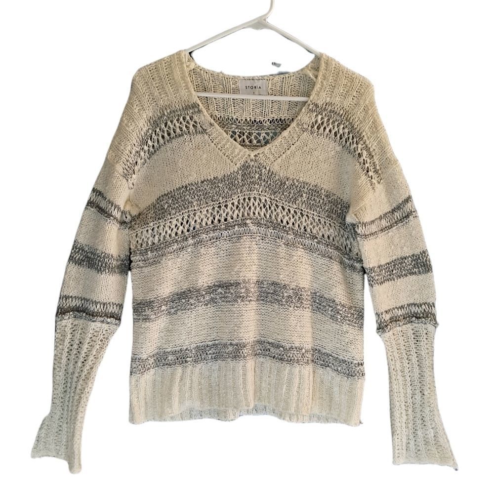 Storia Loose Knit Sweater Gray White Striped Small